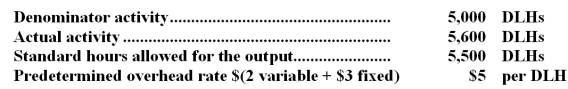 <strong>Harris Company uses a standard cost system in which it applies manufacturing overhead to units of product on the basis of standard direct labor-hours (DLHs).The company has provided the following data: The volume variance would be:</strong> A)$2,500 F B)$1,800 F C)$1,800 U D)$1,500 F
