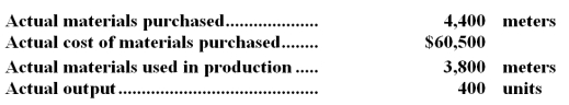 <strong>The following data pertain to operations concerning the product for the last month: What is the materials price variance for the month? A.$14,850 U B.$8,250 U C.$8,640 U <underLine>D.</underLine> $2,860 F AP = $60,500 / 4,400 = $13.75 Materials price variance = AQ (AP - SP) = 4,400 ($13.75 - $14.40) = $2,860 F -Discover Motor Company uses a standard cost system to collect costs related to the production of its toothpick motors.The direct labor standard for each toothpick motor is 1.25 hours at a standard cost of $9.50 per hour. During the month of May,Discover's toothpick motor production used 5,900 direct labor-hours at a total direct labor cost of $54,575.This resulted in production of 4,800 toothpick motors for May.What is Discover's labor efficiency variance for the month of May?</strong> A)$950 favorable B)$1,475 favorable C)$8,975 unfavorable D)$10,450 unfavorable