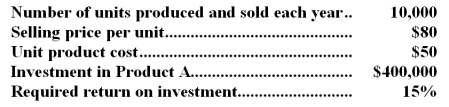 The following information is available on Product A:   The company uses the absorption costing approach to cost-plus pricing described in the text.Based on these data,the total selling and administrative expenses each year would be: