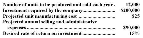 Trevor Company is contemplating the introduction of a new product.The company has gathered the following information concerning the product: The company uses the absorption costing approach to cost-plus pricing as described in the text. Required: a.Compute the markup on absorption cost. b.Compute the selling price. c.If the price computed in b above is charged,and costs turn out as projected,can the company be assured that no loss will be sustained on the new product? Explain.