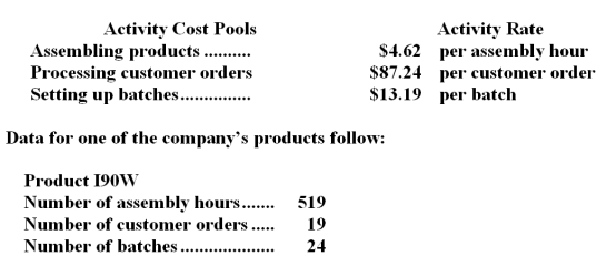 <strong>The Other activity cost pool is used to accumulate costs of idle capacity and organization-sustaining costs. The company has provided the following data concerning its costs: The distribution of resource consumption across activity cost pools is given below: The activity rate for the Order Processing activity cost pool is closest to: A.$1,050 per order B.$1,680 per order C.$1,190 per order <underLine>D.</underLine> $1,350 per order Total Order Processing Cost: Suoboda Corporation uses the following activity rates from its activity-based costing to assign overhead costs to products: How much overhead cost would be assigned to Product I90W using the activity-based costing system?</strong> A)$316.56 B)$105.05 C)$4,371.90 D)$59,038.10