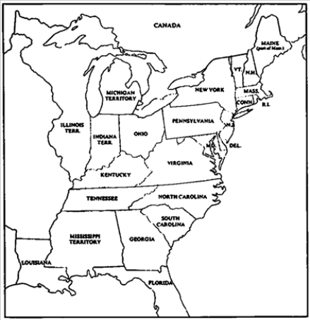 Map Exercise 8-2 On the following map of the United States east of the Mississippi River, and using the map in the textbook entitled Major Campaigns of the War of 1812 as a guide: -Refer to Map Exercise 8-2. Label each of the following lakes: Lake Erie Lake Huron Lake Michigan Lake Ontario Lake Superior