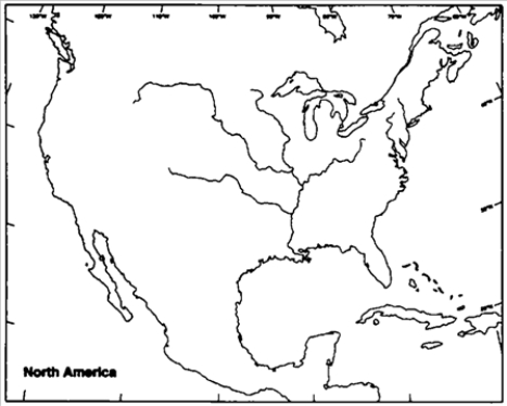 Map Exercise 7-1 You will need four pens of different colors for this exercise. On the outline map that follows: -Refer to Map Exercise 7-1. Label each of the following rivers and bodies of water: Atlantic Ocean Gulf of Mexico Mississippi River St. Lawrence River