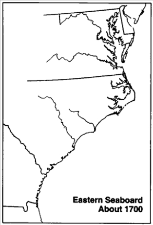 Map Exercise 3-2 Use the outline map of the Carolina colony that follows: -Refer to Map Exercise 3-2. Mark the location of and label the following places: Beaufort Charleston New Bern New Inverness Santa Cruz de Savacola Savacola