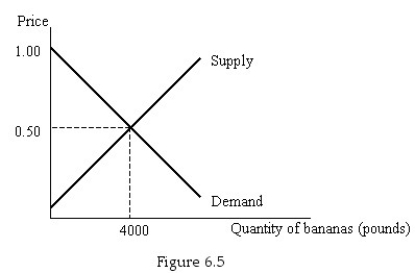 Figure 6.5 shows the market for bananas.Shade in the area of consumer surplus.Use the information provided to calculate consumer surplus.