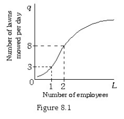 <strong>  Refer to Figure 8.1.The marginal product of the second worker is ________ lawns mowed.</strong> A) 4 B) 5 C) 5.5 D) 11 <div style=padding-top: 35px> 