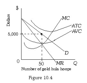 <strong>  Refer to Figure 10.4.The Exclusive Gift Company has a monopoly over the sale of gold hula hoops.This company is currently selling 50 gold hula hoops at a price of $5,000.You are hired as an economic consultant to this company.You should advise this monopolist to</strong> A) shut down in the short run and exit the industry in the long run. B) produce in the short run and expand capacity in the long run. C) produce in the short run but exit the industry in the long run if conditions do not change. D) shut down in the short run but expand capacity in the long run if conditions do not change. <div style=padding-top: 35px> 