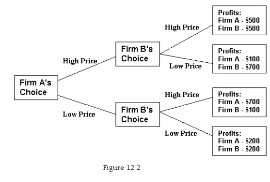 <strong> Figure 12.2 shows the decision tree for setting price for the only two firms in a market.If both firms follow their dominant strategies</strong> A) both firms will set price high. B) both firms will set price low. C) only one firm will set price low. D) The firms' dominant strategies cannot be determined without more information.