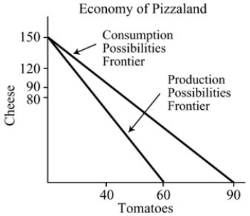 <strong> Figure 18.2 Refer to Figure 18.2.The opportunity cost of producing tomatoes in Pizzaland is</strong> A) 0.4 cheese. B) 0.6 cheese. C) 1.67 cheese. D) 2.5 cheese.