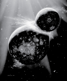 Examine the figure below.Explain the theory as to how the Moon was formed and why it is currently accepted.