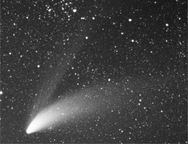 Examine the image below.Why does a comet usually have two tails,one which is straight and one that is curved? What materials compose each tail and why do they have different shapes?
