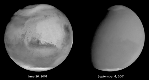 In the figure below,why is it so difficult to see the surface of Mars in September compared to June?  <div style=padding-top: 35px> 