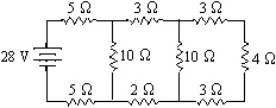<strong>To find the equivalent resistance of the combination of resistors shown across the 28-V battery by the method of possibly repeated applications of combining resistors in series and /or combining resistors in parallel,the first step would be which of the following? </strong> A)Combine the two 10 W in parallel since they can be done in your head. B)Combine,in series,the two 3-W resistors and the 4-W resistor in the right-hand branch of the circuit. C)Combine the seven resistors (two 5 W,three 3 W,one 2 W and one 4 W)in the outer loop of the circuit in series. D)This problem cannot be done by combining series and parallel resistors.
