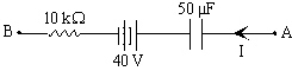 <strong>If I = 2.0 mA and the potential difference,V<sub>A</sub> - V<sub>B</sub> = +30 V in the circuit segment shown,determine the charge and polarity of the capacitor. </strong> A)1.5 mC,left plate is positive B)1.5 mC,right plate is positive C)0.50 mC,left plate is positive D)0.50 mC,right plate is positive