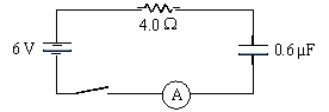 <strong>A circuit contains a 6.0-V battery,a 4.0-W resistor,a 0.60-µF capacitor,an ammeter,and a switch in series.What will be the charge on the capacitor 10 min after the switch is closed? </strong> A)zero B)0.10 mC C)3.6 mC D)2.4 mC
