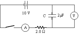 A 10-V-emf battery is connected in series with the following: a 2-µF capacitor,a 2-Ω resistor,an ammeter,and a switch,initially open;a voltmeter is connected in parallel across the capacitor.At the instant the switch is closed,what are the current and capacitor voltage readings,respectively?