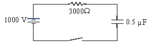 A 1 000-V battery,a 3 000-Ω resistor,and a 0.50-μF capacitor are connected in series with a switch.The time constant for such a circuit,designated by the Greek letter,τ,is defined as the time that the capacitor takes to charge to 63% of its capacity after the switch is closed.What is the current in the circuit at a time interval of τ seconds after the switch has been closed?  
