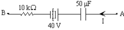 If I = 1.0 mA and the potential difference,V<sub>A</sub> - V<sub>B</sub> = +30 V in the circuit segment shown,determine the charge and polarity of the capacitor.