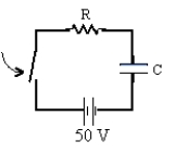 A series RC circuit has a time constant of 1.5 s.The battery has a voltage of 50 V and the maximum current just after closing the switch is 500 mA.The capacitor is initially uncharged.What is the charge on the capacitor 3.0 s after the switch is closed?