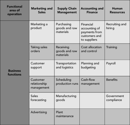 Choose an example company and give situations for each business process in the accompanying figure.Depending on your major or interest,choose one functional area of operation.