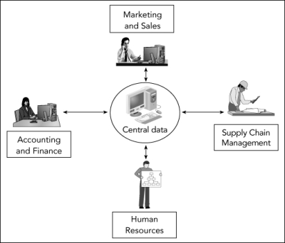 In the accompanying figure,data is entered into the system once and then used throughout the organization.
