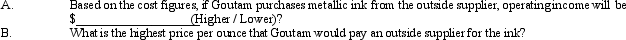 Figure 13-10. Goutam Company prints a variety of publications and colored inserts for newspapers.Currently,Goutam produces its own ink,including a special metallic color.India Inks has offered to supply Goutam with the 25,000 ounces of metallic ink that it needs each year for $1.24 per ounce.Goutam is interested because this is a particularly difficult ink to make.The purchasing department must make special efforts to locate suppliers,the metallic component requires special handling,and,since the metallic ink uses machinery that is also used to make other colors of ink,the machinery must be cleaned very well before every batch of metallic.The accounting department supplied the following unit costs: *Fixed overhead is applied on the basis of a plantwide rate based on direct labor hours. Refer to Figure 13-10.