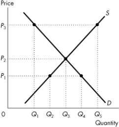 <strong>Use the figure below to answer the following questions. Figure 3.4.1 At price P<sub>3 </sub>in Figure 3.4.1,</strong> A)this market is in equilibrium. B)there is a tendency for the price to rise. C)equilibrium quantity is Q<sub>5</sub>. D)there is a shortage in the amount of Q<sub>5 </sub>- Q<sub>1</sub>. E)there is a surplus in the amount of Q<sub>5 </sub>- Q<sub>1</sub>.