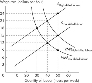 <strong>Use the figure below to answer the following questions. Figure 18.3.5 Refer to Figure 18.3.5.This figure shows the labour supply curves and the value of marginal product curves for high-skilled and low-skilled workers.If there is an increase in the supply of high-skilled workers and the supply of high-skilled workers is now equal to the supply of low-skilled workers,then employment of high-skilled labour would</strong> A)remain the same. B)decrease. C)increase to 40 hours per week. D)increase to 50 hours per week. E)increase to 60 hours per week.