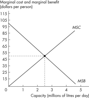 <strong>Use the figure below to answer the following question. Figure 16.2.3 Refer to Figure 16.2.3.The graph provides information about a waste disposal system in a city of 1 million people.If the city installs the efficient capacity,then each person pays ________ in taxes.</strong> A)$125 B)$62.50 C)$250 D)zero E)$31.25