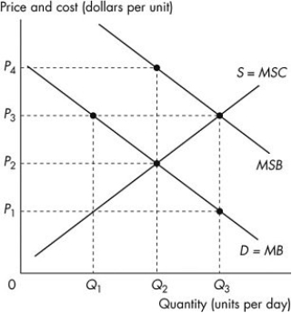 <strong>Use the figure below to answer the following questions. Figure 15.3.1 Refer to Figure 15.3.1.The figure shows the marginal private benefit curve,the marginal social benefit curve,and the market supply curve.If a voucher is given to consumers that generates an efficient outcome,then consumers pay</strong> A)zero. B)P<sub>1 </sub>per unit. C)P<sub>2 </sub>per unit. D)P<sub>3 </sub>per unit. E)P<sub>4 </sub>per unit.
