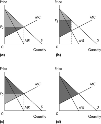 <strong>Use the figure below to answer the following questions. Figure 12.3.2 Consider Figure 12.3.2.The light grey area shows consumer surplus,and the dark grey area shows producer surplus.Which graph illustrates a perfectly competitive market?</strong> A)(a) B)(b) C)(c) D)(d) E)(b)and (d)