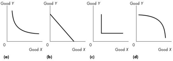 <strong>Use the figure below to answer the following questions.   Figure 9.2.1 Which of the indifference curves in Figure 9.2.1 illustrates perfect substitutes?</strong> A)(a) B)(b) C)(c) D)(d) E)(c)and (d) <div style=padding-top: 35px> 