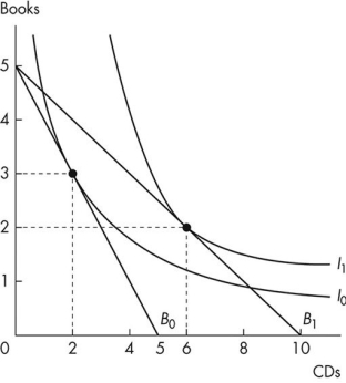 <strong>Use the figure below to answer the following questions.   Figure 9.2.3 Refer to Figure 9.2.3.When Rashid chooses the consumption point of 2 books and 6 CDs,his marginal rate of substitution is</strong> A)1/3 books per CD. B)1/2 book per CD. C)3 books per CD. D)1 book per CD. E)2 books per CD. <div style=padding-top: 35px> 