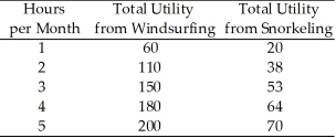 <strong>Use the table below to answer the following questions. Windsurfing equipment rents for $10 per hour and snorkeling equipment rents for $5 per hour. Table 8.3.1 Consider Devon's utility from snorkeling and windsurfing in Table 8.3.1.Devon has $55 to spend.What are Devon's choices for time spent on the two activities?</strong> A)1 hour of windsurfing and 9 hours of snorkeling B)2 hours of windsurfing and 7 hours of snorkeling C)3 hours of windsurfing and 5 hours of snorkeling D)4 hours of windsurfing and 3 hours of snorkeling E)5 hours of windsurfing and 1 hour of snorkeling