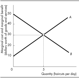 -The figure illustrates the market for haircuts. Curve A is the ________ curve, and curve B is the ________ curve.