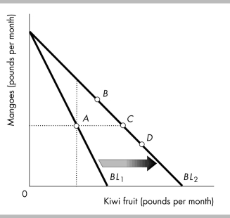-In the above figure, Reggie's budget line rotates outward from BL<sub>1</sub> to BL<sub>2</sub>. He initially consumes at point A. If his new consumption bundle is at point C, this implies that his demand curve for kiwi fruit