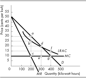 -The figure above provides information about Light-U-Up Utilities, which is a natural monopoly that provides electricity. What is the area of deadweight loss when Light-U-Up is regulated and follows an average cost pricing rule?