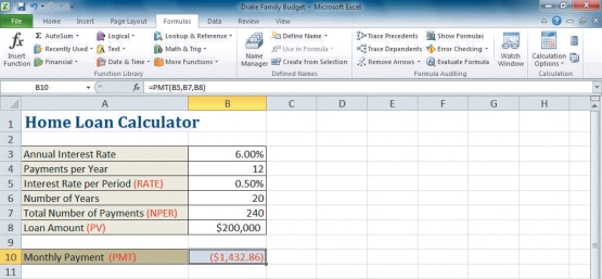 <strong> Referring to the figure above,the Home Loan Calculator uses the ____ function.</strong> A) SUM B) MAX C) LOAN D) PMT