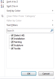 <strong> In the accompanying figure,Installation, Sculpture, and Textile are all part of the list of ____ options.</strong> A) selection B) filtering C) custom D) query