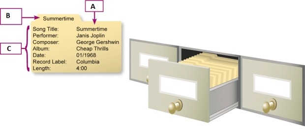 <strong> In the accompanying figure,the item marked A represents ____.</strong> A) data B) a field C) a record D) an item