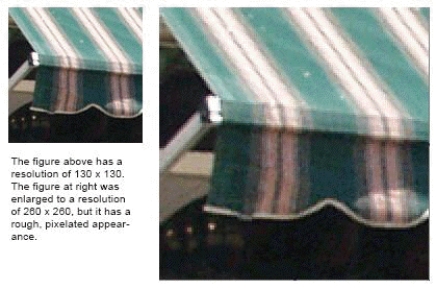 In the accompanying figure,the bitmap image on the left was enlarged to create the image on the right by a process called pixel (recalibration)._________________________