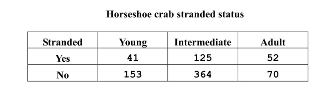Male horseshoe crabs (Limulus polyphemus) on a beach can become overturned bywaves approaching the beach. These stranded males must right themselves or theywill face death by desiccation (drying out) or fall prey to predators such as sea gulls.Over a period of many days on a South Carolina beach, investigators categorized arandom sample of crabs as either stranded or not and additionally noted their agecategory. The researchers wished to determine if there was convincing evidence ofan association between strandedness and age.    a) What is the appropriate null hypothesis for this investigation?  (You may state thishypothesis in ordinary English if you wish.) b) Using the null hypothesis from part (a), test the appropriate hypotheses using achi-square procedure.