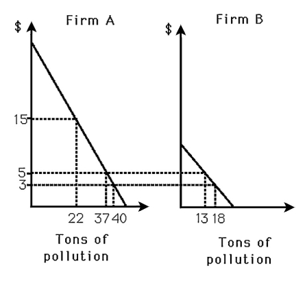 The above figure shows the marginal benefit from pollution for two firms.If both firms receive a marketable permit to pollute 25 units of pollution each,how much will each firm pollute and how much will a permit for one unit of pollution be worth?