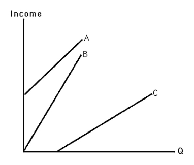 The above figure shows three different Engel curves.Rank them in terms of income elasticity.