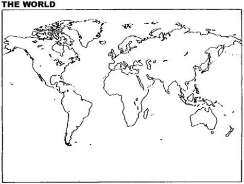 Instructions: Please use this outline map of the world to answer the question(s). Locate and label the following newly established or independent countries after World War II: Pakistan,India,Libya,the Philippines,and Israel.