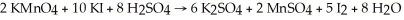 <strong>Given the reaction: How many moles of K<sub>2</sub>SO<sub>4</sub> are produced by allowing five moles each of KMnO<sub>4</sub>,KI,and H<sub>2</sub>SO<sub>4</sub> to react?</strong> A)3 mol B)1 mol C)2 mol D)4 mol E)5 mol