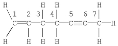 <strong>Which statement is correct for the structure shown? </strong> A)Carbon no.1 is described by sp<sup>3</sup> hybridization. B)The molecule contains 19 σ bonds. C)Carbon no.2 is described by sp<sup>2</sup> hybridization. D)The molecule contains a total of five π bonds. E)Carbon no.7 is described by sp hybridization.