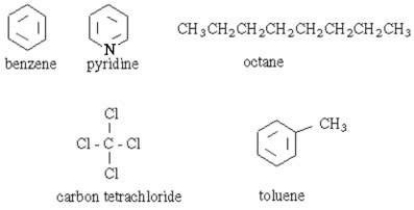 <strong>Which of the following organic substances is most readily soluble in water?  </strong> A)benzene B)pyridine C)octane D)carbon tetrachloride E)toluene <div style=padding-top: 35px> 