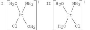 <strong>Choose the correct statement about isomers of [Pt(H<sub>2</sub>O)<sub>2</sub>(NH<sub>3</sub>)Cl]Br.  </strong> A)I is cis,II is trans. B)The two molecules are the same. C)The two molecules are the same but one is turned over. D)They are not isomers. E)I is trans,II is cis. <div style=padding-top: 35px> 
