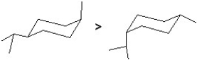 <strong>Find the answer that has correct both the two structures of cis-1-isopropyl-4-methylcyclohexane and their relative stability (stability is indicated with > meaning more stable than).</strong> A) B) C) D)